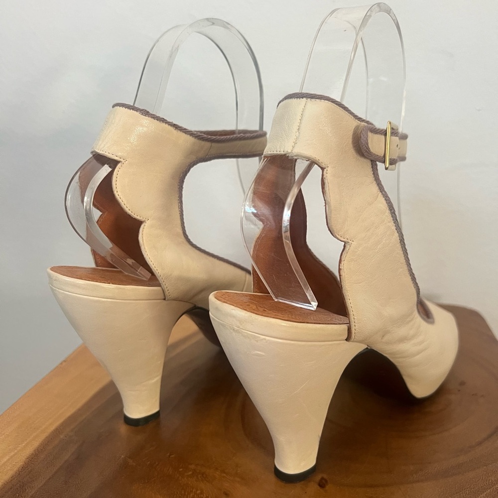 CHIE MIHARA “Bessy” Ivory Cream Platform Ankle Strap Peep Toe High Heels 38.5 - Picture 14 of 16